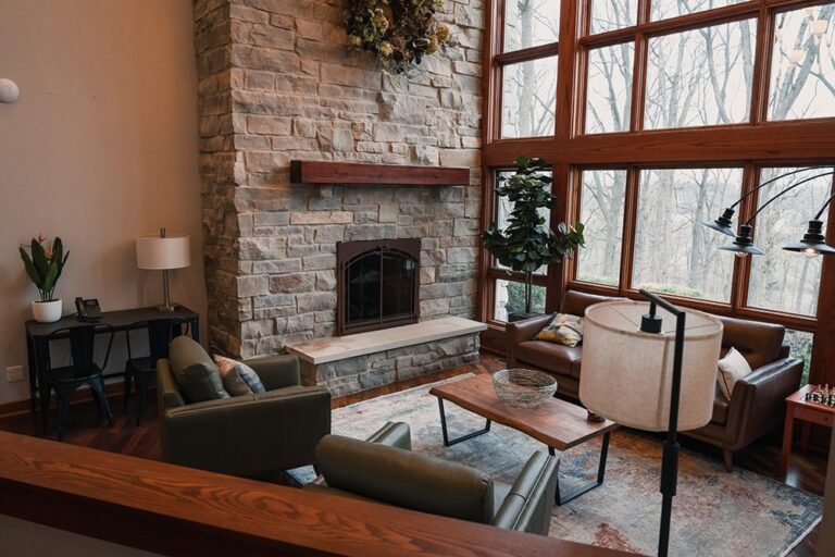 Cozy lounge area with fireplace at Northern Illinois Recovery