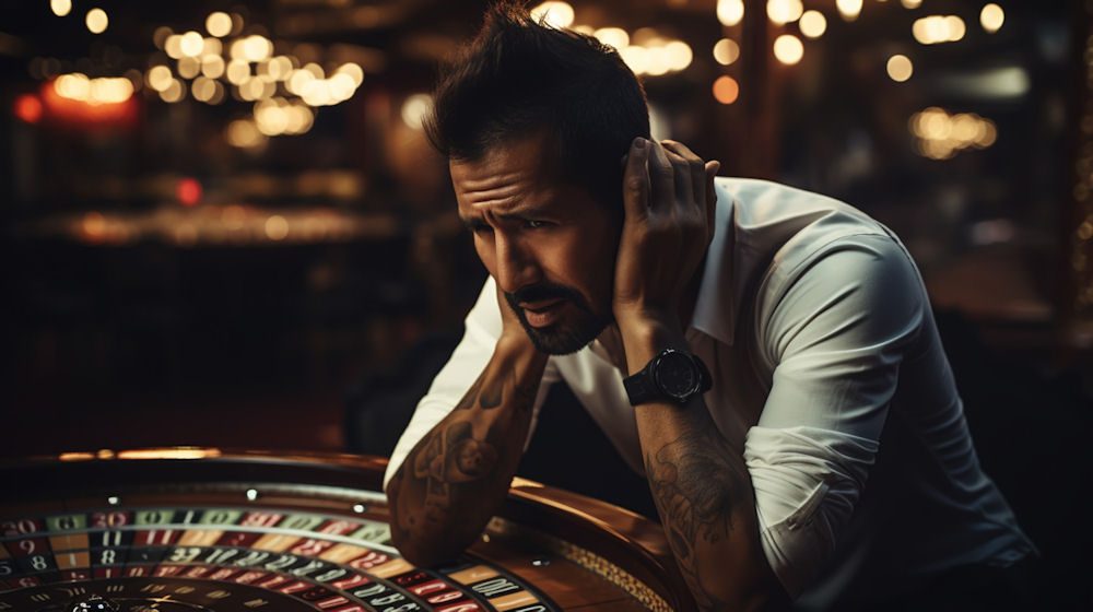 man in a casino experiencing the stages of problem gambling firsthand