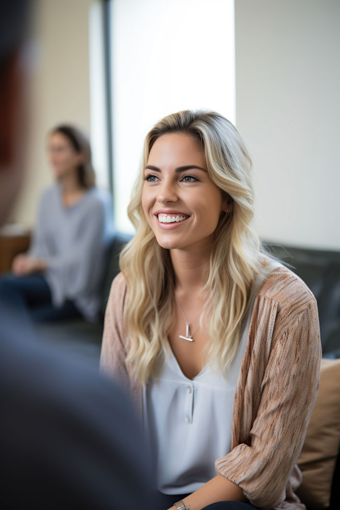 woman smiling during alcohol addiction therapy treatment session