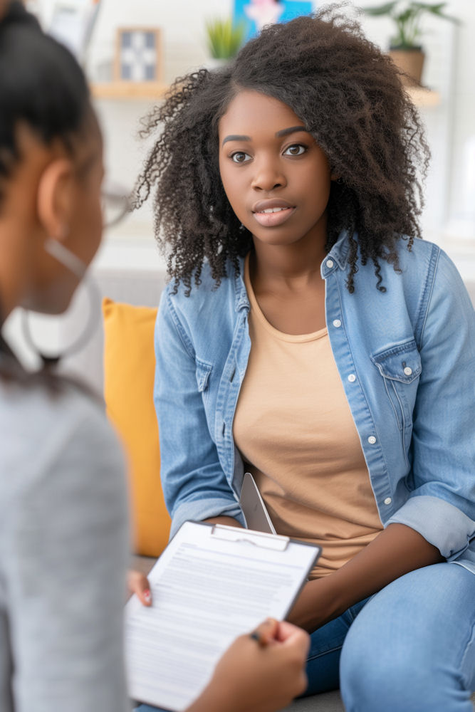 patient and therapist discussing progress during alcohol addiction treatment